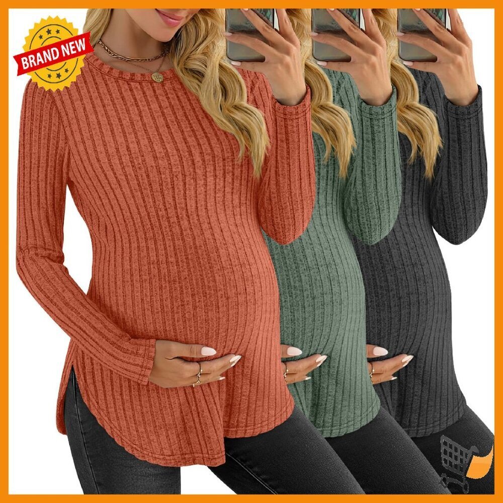 Maternity Long Sleeve Ribbed Tunic Tops 3 Pack Stretchy Comfort Fit